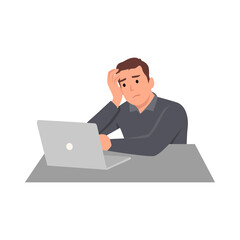 Young man unhappy sit in front of laptop squeezing head with hands. Emotions and body language concept. Stress, tension and migraine. Flat vector illustration isolated on white background
