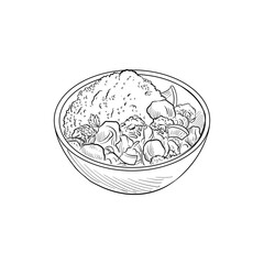 vector drawing bowl with rice,beef and vegetables, plate of asian food isolated at white background, hand drawn illustration