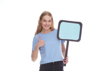 Fototapeta premium Woman holding a blank billboard isolated on white background