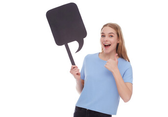 Smiling young woman holding empty signboard with copy space and showing thumb up.