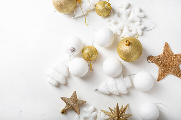 Golden and white Christmas holiday decorations festive concept top view