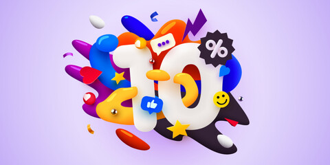 Fototapeta premium 10 percent Off. Discount creative composition. 3d sale symbol with decorative objects. Sale banner and poster. 