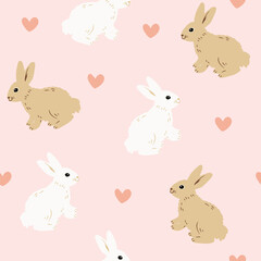 Fluffy cute brown and white rabbit seamless pattern, pink heart background.