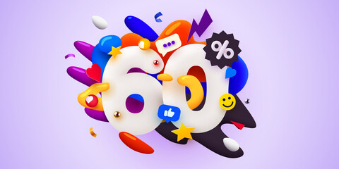 60 percent Off. Discount creative composition. 3d sale symbol with decorative objects. Sale banner and poster.