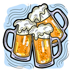 Beer mug full of foamy cold drink. Traditional German beverage. Octoberfest symbol, brewery logo, advertising sign for poster design or postcard. Hand drawn illustration. Cartoon style drawing.