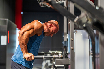 Bodybuilder facing the ground exercising the muscles of the back and triceps on weight machine in...