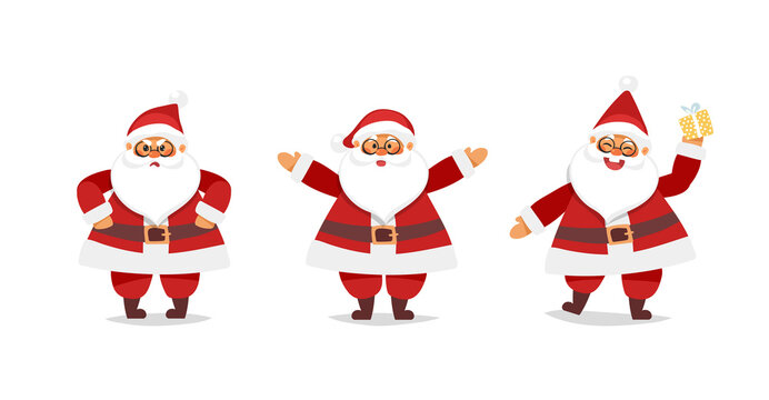 Santa claus paper cut icons set, funny christmas character. Papa Noel is dancing with a gift, an angry and cheerful Saint Nicholas. Flat cartoon design, vector isolated on white.