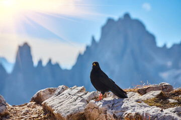 bird Pyrrhocorax graculus stands calmly on a rock against the backdrop of beautiful views of the Dolomites