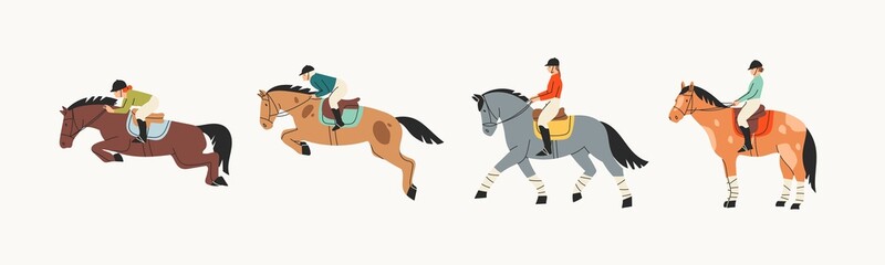 Jockey on racing Horse. Horseback riding, hippodrome racing, equestrian sport concept. Hand drawn Vector set. Colorful illustration. Cartoon style, flat design. Isolated on white. Logo design template - obrazy, fototapety, plakaty