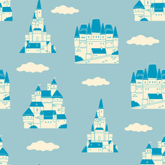 Medieval Castles in blue sky, white clouds. Old towers, fortress or fairy-tale stone castle. Cartoon style. Hand drawn colored trendy Vector illustration. Square seamless Pattern - obrazy, fototapety, plakaty