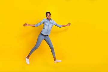Fototapeta na wymiar Full size photo of overjoyed excited person have fun enjoy free time isolated on yellow color background