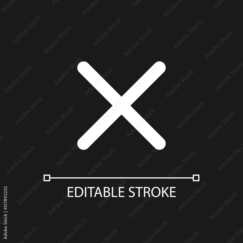 Poster cross mark pixel perfect white linear ui icon for dark theme. delete action. cancel button. vector l