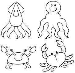 Monochrome Set of different funny representatives of the underwater world in cartoon style, different crabs and squid