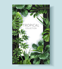 Vector tropical frame with green leaves on black background. Luxury exotic botanical design for cosmetics, wedding invitation, summer banner, spa, perfume, beauty, travel, packaging design