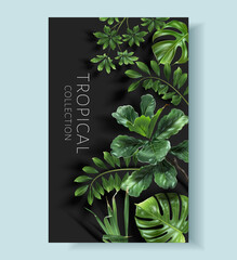 Vector tropical frame with green tropical leaves on black background. Luxury exotic botanical design for cosmetics, wedding invitation, summer banner, spa, perfume, beauty, travel, packaging design