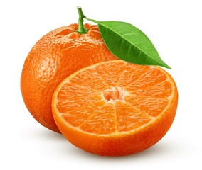 Mandarin with leaf and half isolated on white background