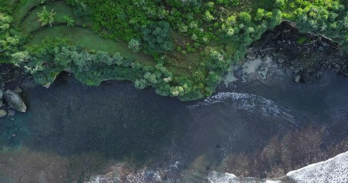 Sliding drone shot of coastline with green trees. Cliff border with sea. The south coast of Java with the Indian Ocean sea. Yogyakarta, Indonesia