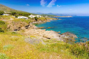 View of the coastal cliffs along which the Ronda road runs from Port of Selva to Llança. Costa Brava, Catalonia, Spain