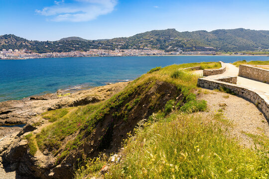 View from the viewpoint of the Port of Selva bay with the town in the background. Costa Brava, Catalonia, Spain