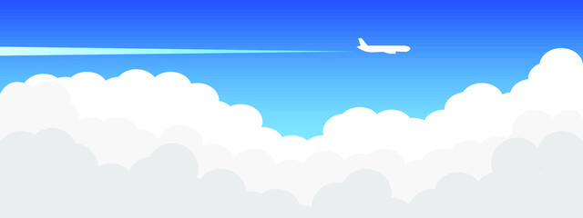 Airplane flying above clouds. Jet plane with exhaust white trail. Blue gradient and white plane silhouette. White and transparent clouds on the blue sky.

