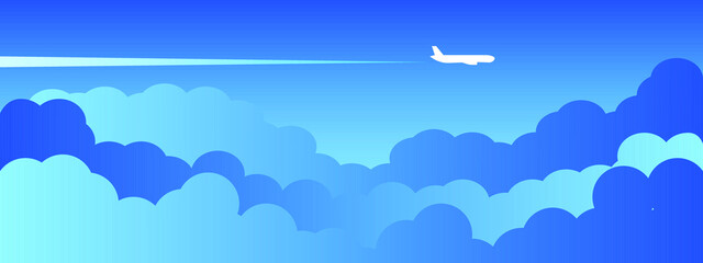 Fototapeta na wymiar Airplane flying above clouds. Jet plane with exhaust white trail. Blue gradient and white plane silhouette. White and transparent clouds on the blue sky. 