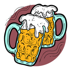 Beer mug full of foamy cold drink. Traditional German beverage. Octoberfest symbol, brewery logo, advertising sign for poster design or postcard. Hand drawn illustration. Cartoon style drawing.