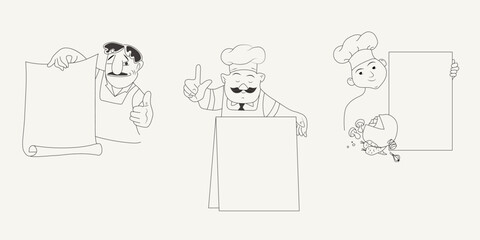 Set of chefs holding an empty sheet for menu, recipes, advertisement. Cooks with blank paper vector illustration.