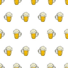 Oktoberfest 2022 - Beer Festival. Hand-drawn Doodle elements. Seamless Pattern. German Traditional holiday. Colored beer mugs with foam on a white background.