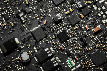 Close up of Circuit board with many chips technology on computer laptop circuit