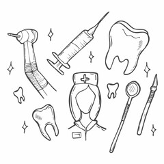 Dentistry doodles icon set. Hand drawn lines stomatology, dental, odontology cartoon collection. Teeth, dentures, orthodontic, dental instruments. Vector illustration.