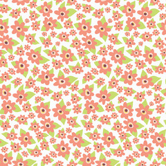 Seamless floral pattern with cute spring meadow, small decorative plants. Pretty ditsy print, botanical background with tiny pink flowers, leaves on a white surface. Vector illustration.