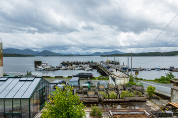 Bella Bella, British Columbia, looking fore the centre of town over the dock and community gardens.
