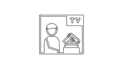 Black line Television advertising weapon icon isolated on white background. Police or military handgun. Small firearm. 4K Video motion graphic animation