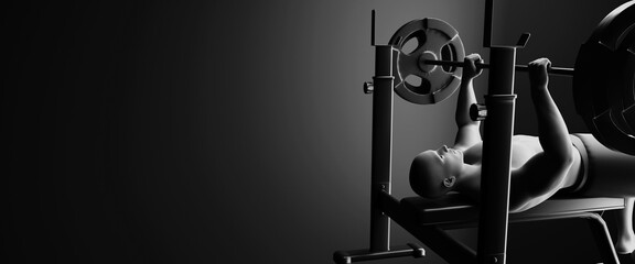 Man In Gym Exercising On The Barbell Bench Press. 3d illustration