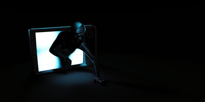Scary Halloween photo. Dead zombie girl climbs out of the well from TV. 3d render