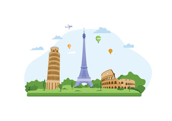 Travel, tourist attractions, Europe, Eiffel Tower, leaning Tower of Pisa, Colosseum. Flat style