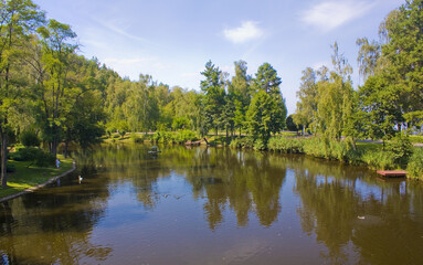 Lake in the park in Mezhyhirya (former ex-president residence of President Yanukovych) in Kyiv region, Ukraine	