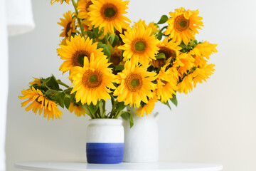 Close-up of a beautiful mono bouquet of sunflowers on a white background