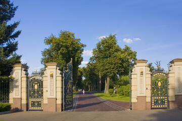 Fototapeta na wymiar Entrance gate to Mezhyhirya (former ex-president residence of President Yanukovych) in Kyiv region, Ukraine 