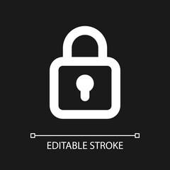 Locked padlock pixel perfect white linear ui icon for dark theme. Restriction. Security settings. Vector line pictogram. Isolated user interface symbol for night mode. Editable stroke. Arial font used