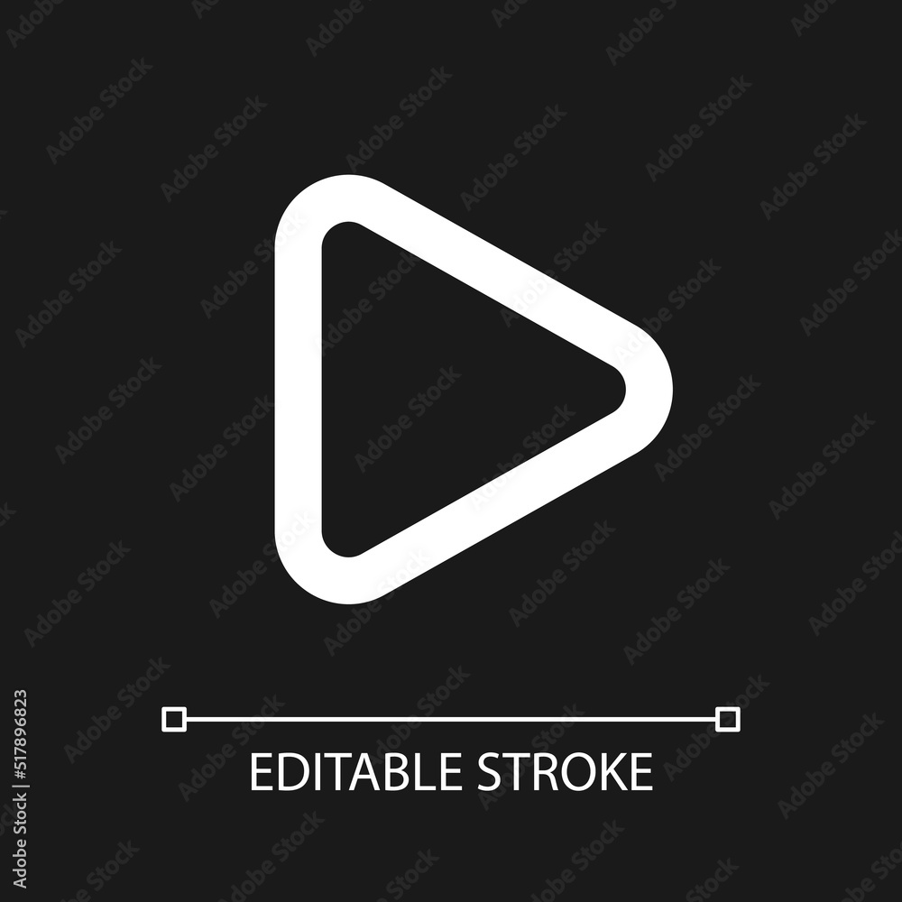 Poster play button pixel perfect white linear ui icon for dark theme. music player. playback. vector line p