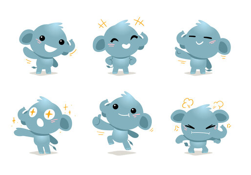 set of cute elephant character with different pose and emotional