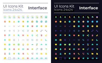 Minimalistic and simple looking flat color ui icons set for dark, light mode. Smartphone navigation. GUI, UX design for mobile app. Vector isolated RGB pictograms. Montserrat Bold, Light fonts used