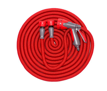 Red Garden Hose With A Sprayer Isolated