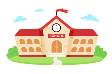 School building with red roof in the road scene