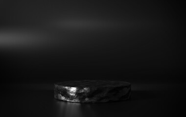 Blank Exhibition stage backdrop or empty product shelf. rock pedestal of platform display modern stand podium on black room background, 3D rendering