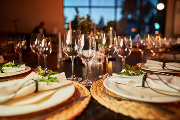 Glass goblets on the table. Glass goblets for wine or champagne 