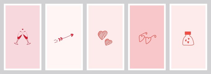 Sweet Valentine`s Day cards set with hand drawn hearts. Simple linear drawing of two glasses of champagne, heart-shaped glasses, glass jar with hearts and cupid's arrow. Doodles and sketches