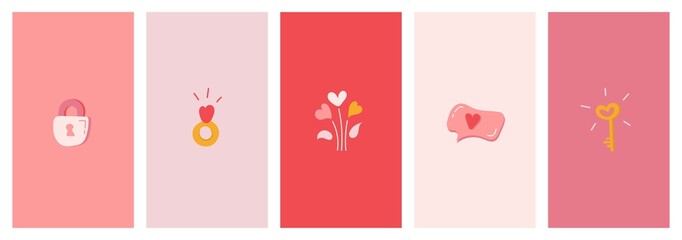 Social media poster set with simple romantic icons. Cute covers with the image of a key and a lock, a bouquet of hearts, a speech bubble with a heart, a ring. Vector clip art for valentine's day