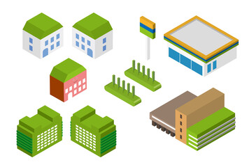 ユニークな3Dのビルや住宅です。パーツとしてもお使いください。アイソメトリックの可愛い建物です。